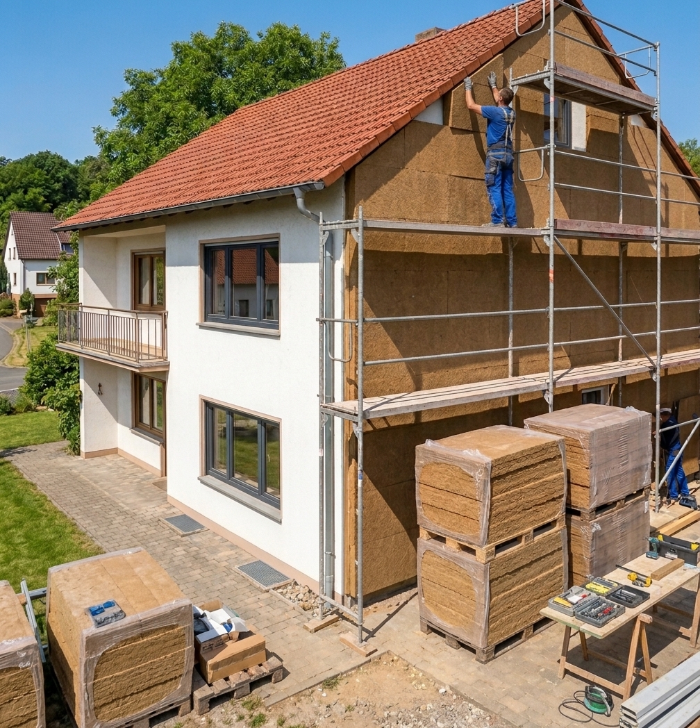 Energetische Sanierung eines Einfamilienhauses mit Holzfaser-Dämmung und Gerüst